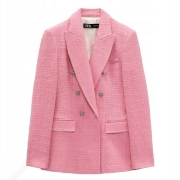 Zara Pink Tweed Textured Double Breasted Blazer Jacket Size S 7553/687 Barbie - Picture 4 of 16